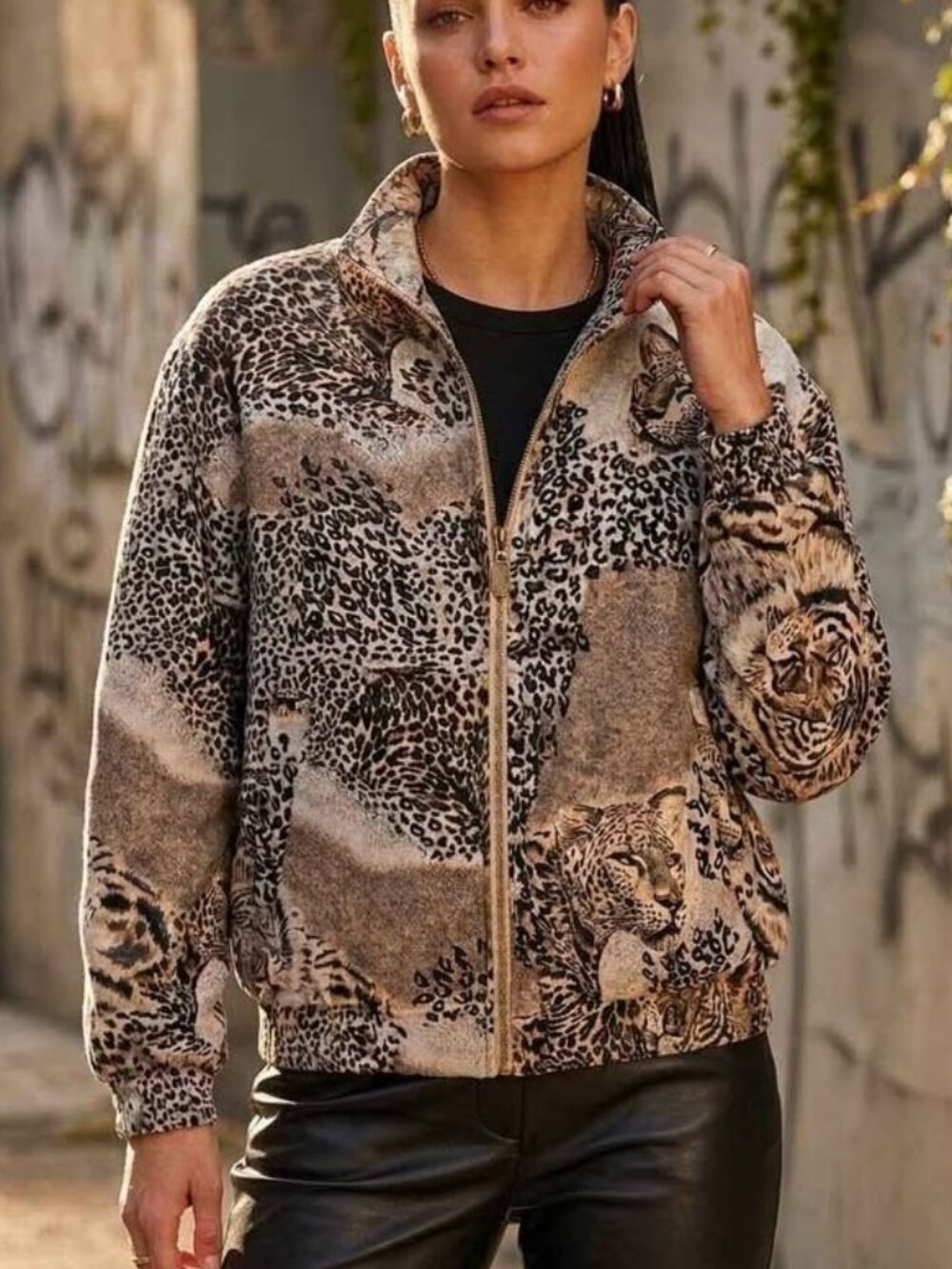 VTG 90s FUDA 100% Silk Animal Print Bomber Jacket S Leopard Tiger Statement